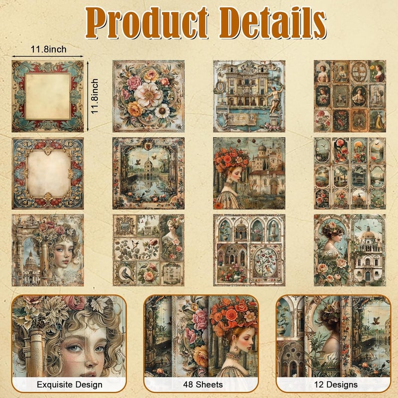 EggSun 48 Sheets Vintage Baroque Scrapbook Paper, Vintage Decorative Paper for Scrapbook, Junk Journal paper, Pattern Paper, DIY Cards, and Photo Albums, Aesthetic Craft Supplies for Kids and Adults - Image 3